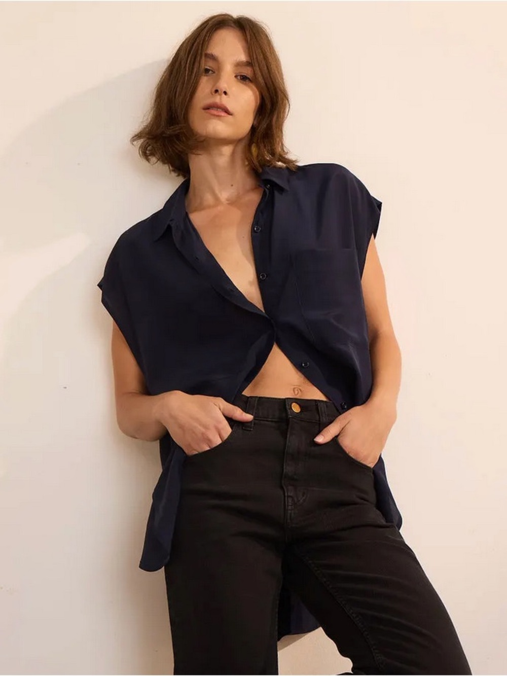 Jamie Haller Reiki Silk Top Relaxed Navy Button-Up Shirt - Women